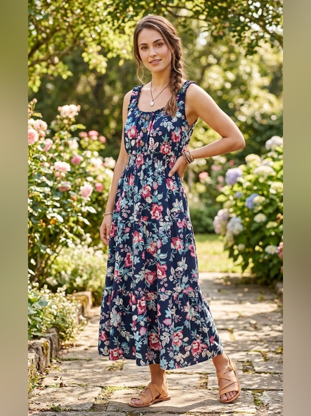 LAPIS Floral Tiered Midi Dress Navy Blue Cottagecore Boho Smocked Size M